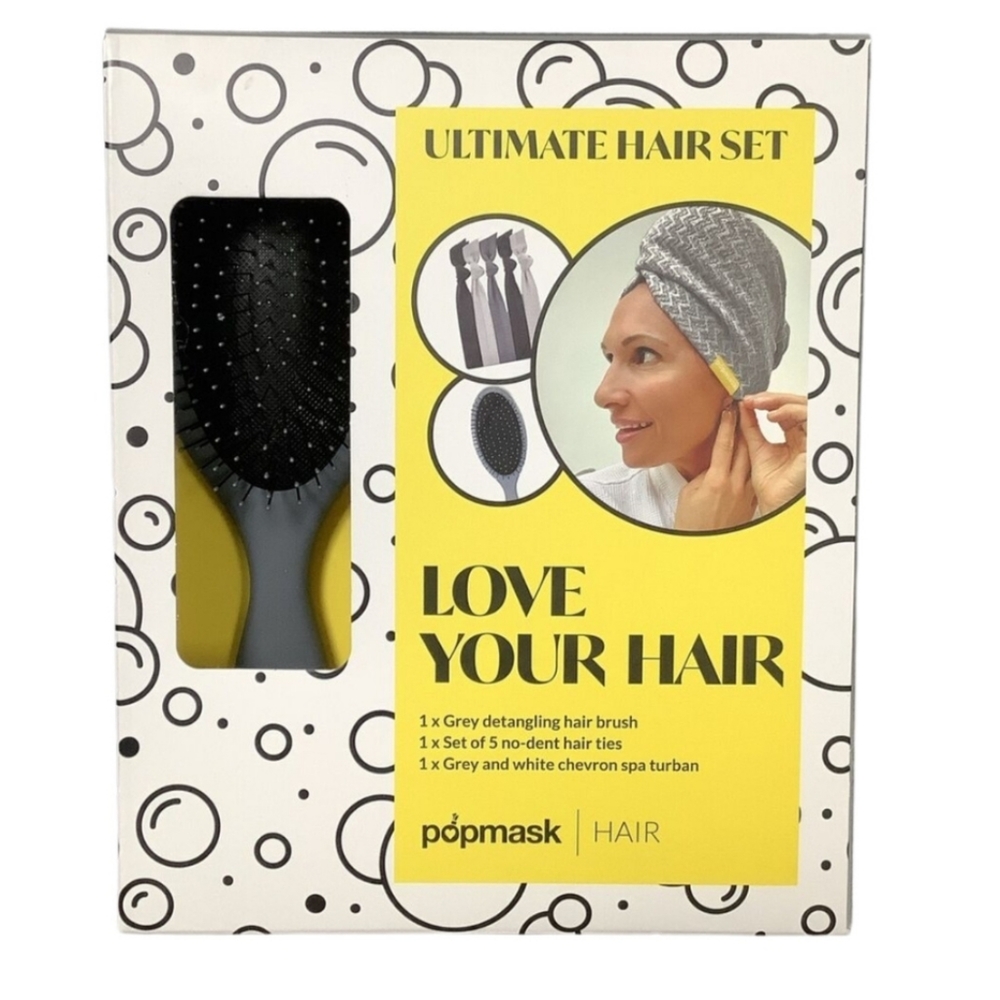 POPMASK LOVE YOUR HAIR ULTIMATE HAIR SET W/ 1 HAIR BRUSH, 1 SPA TURBAN, …
